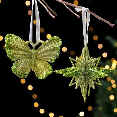 Green Christmas Tree Pendant Gold Sequins Decorative Snowflake Elk Ballet Girl Pendants Sparkle Powder Christmas Decorations