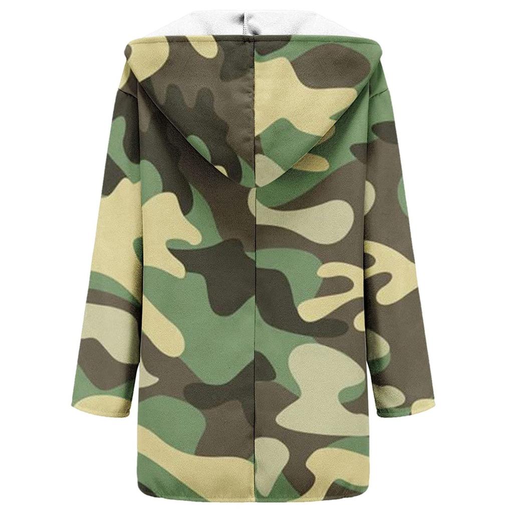 Women's Thick Woolen Cloth Ethnic Printed Hooded Jacket Windbreaker Cardigan