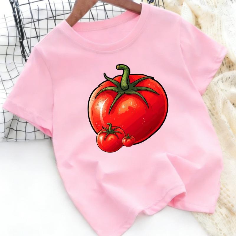 Cartoon Tomato Print T-Shirt, Unisex Short Sleeve Summer Cute Vegetable Fruit Pattern Round Neck Top