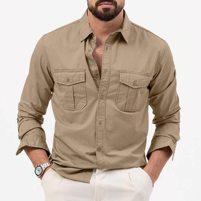 New Long-sleeved Men's Shirt with Multiple Pockets for Casual Wear