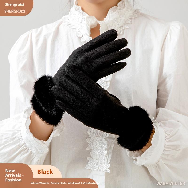 German Velvet Winter Gloves To Keep Warm Women's Winter Thickened and Fresh Cycling Hairy Mouth Cold-proof Outdoor Windproof Touch Screen Gloves