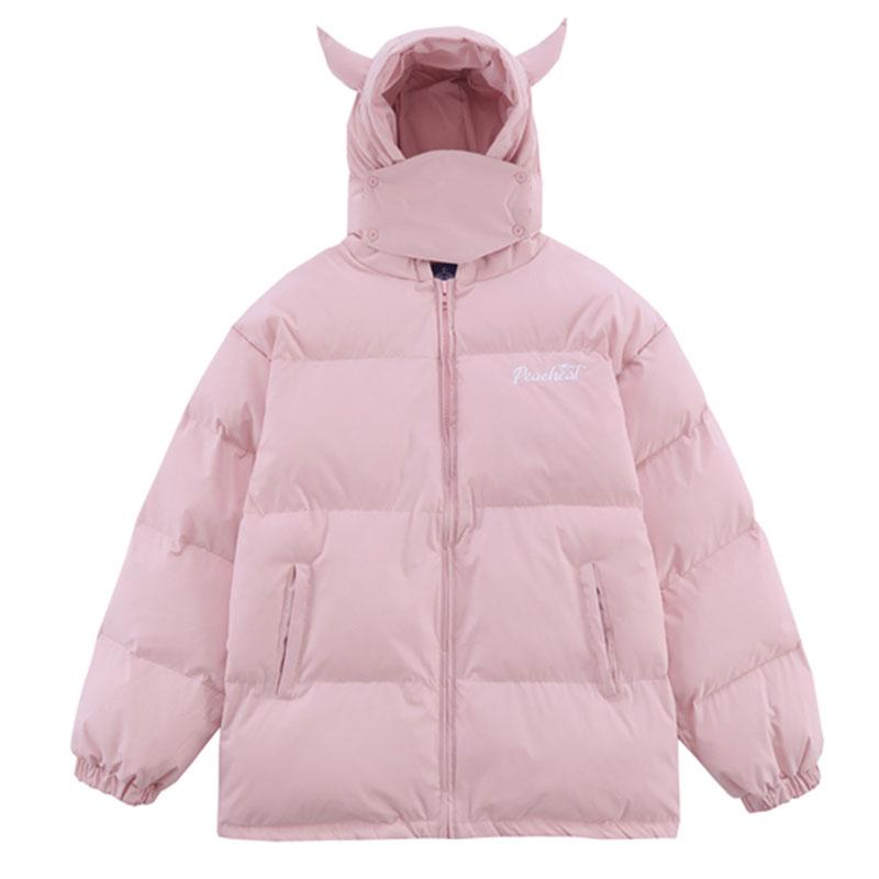 Cotton-Padded Hip Hop Parkas Men Devil Horns Winter Hooded Down Jacket Retro Y2K Thicken Puffer High Street Loose Bubbles Coats
