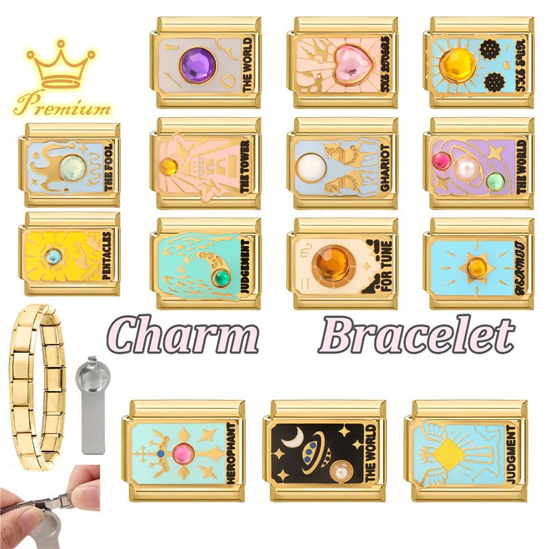 Vintage Tarot Card Heart Moon Star Sun Golden Charm Links Fit 9MM Stainless Steel Bracelet Women Men Jewelry Making DIY Beads