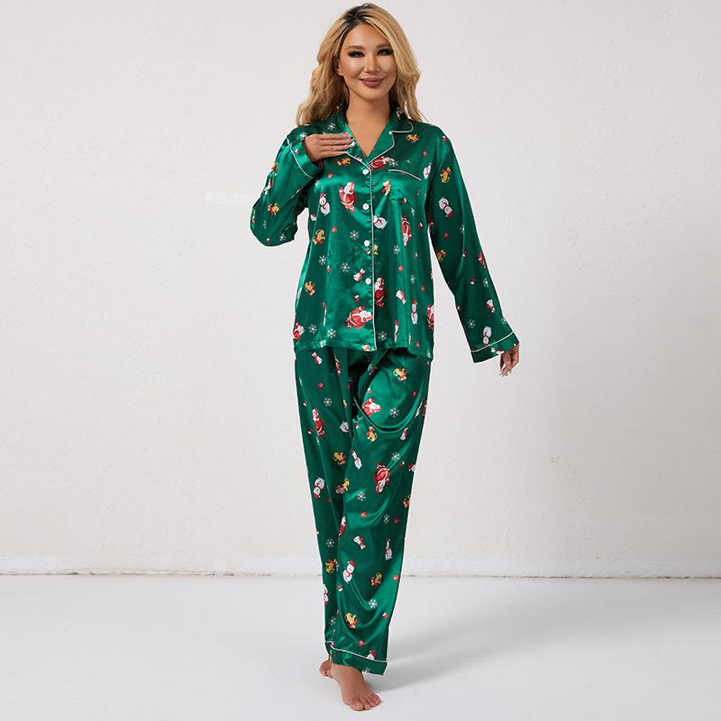

Женский рождественский пижамный комплект - Праздничный принт, Искусственный шелк, С длинным рукавом и брюки для осенне-зимнего комфорта Large