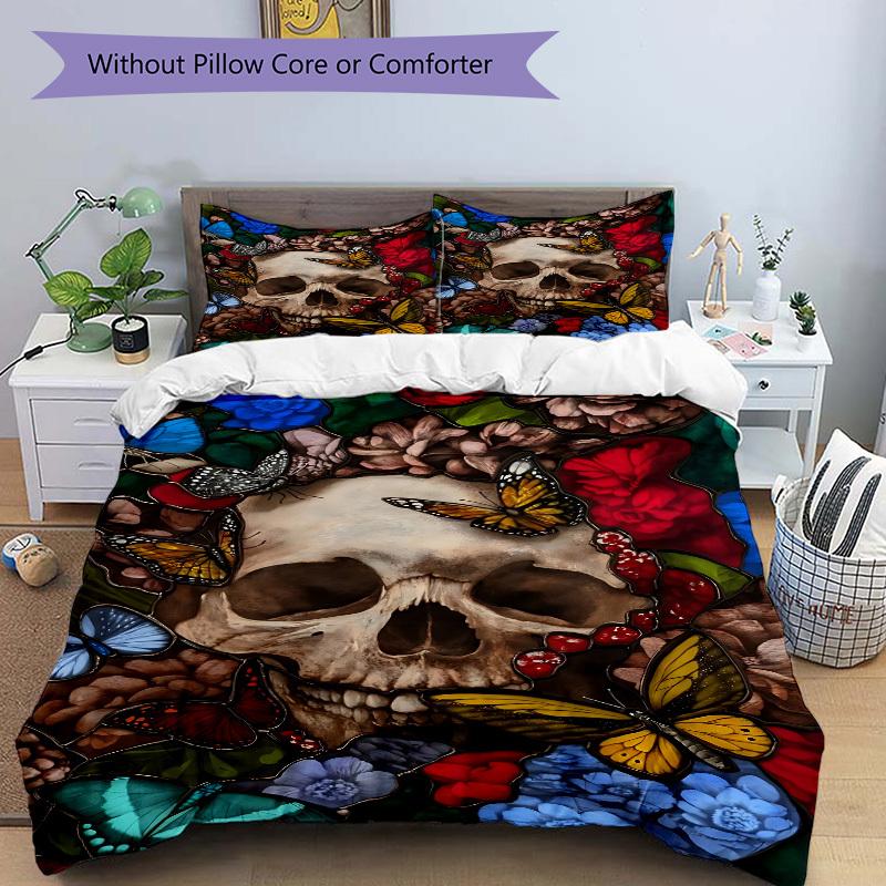 3pcs Skull, Butterfly Garden Duvet Cover Set - Machine Washable, Includes 1 Cover and 2 Pillowcases, No Core Included yy251013017