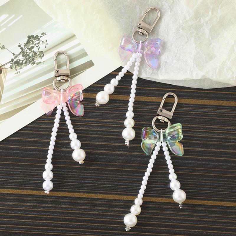 Bowknot Shaped Keychain Pendant Pearls Beaded Butterfly Knot Key Chain Fashionable Bow Ornament for Phones and Bag
