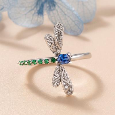 Blaugrüne Libellenringe für Damen Kreatives Design Tanzparty Exquisite Damenringe Silberfarbe Brillanter Zirkonia Schmuck