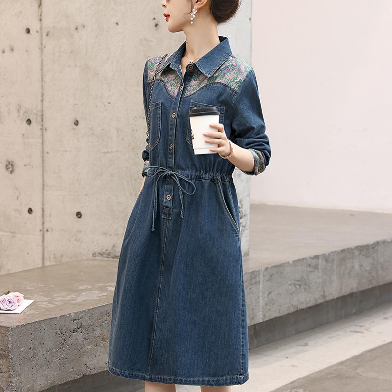 2024 Retro Chinese-Style Denim Shirt Dress for Women - Spring/Autumn A-line
