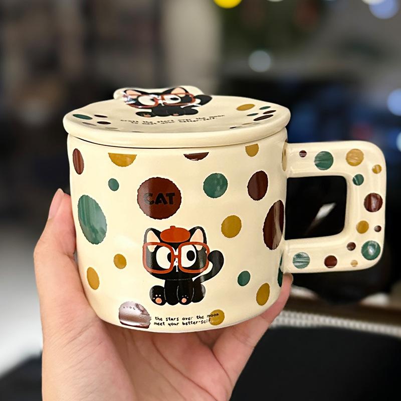 Cute Cartoon Kitten Mug With Lid Creative Personality Polka Dot Ceramic Cup Household Milk Oat Cup Souvenir About 350ml