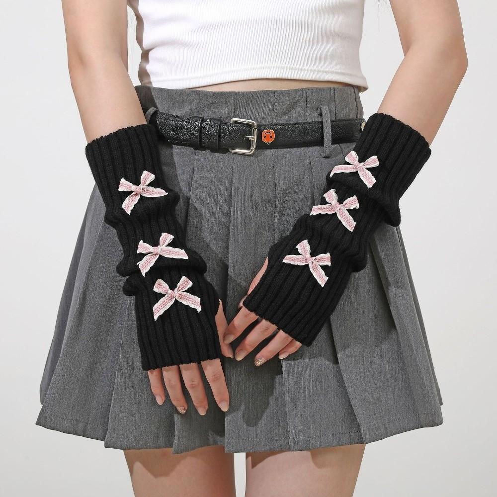 Thicken Bow Fingerless Gloves Cute Bowknot Hands Free Gloves Fashion Arm Sleeves  Winter
