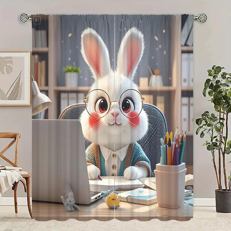 2pcs - Working Rabbit - Printed curtain, polyester semi-transparent - suitable for home decor (excluding poles)