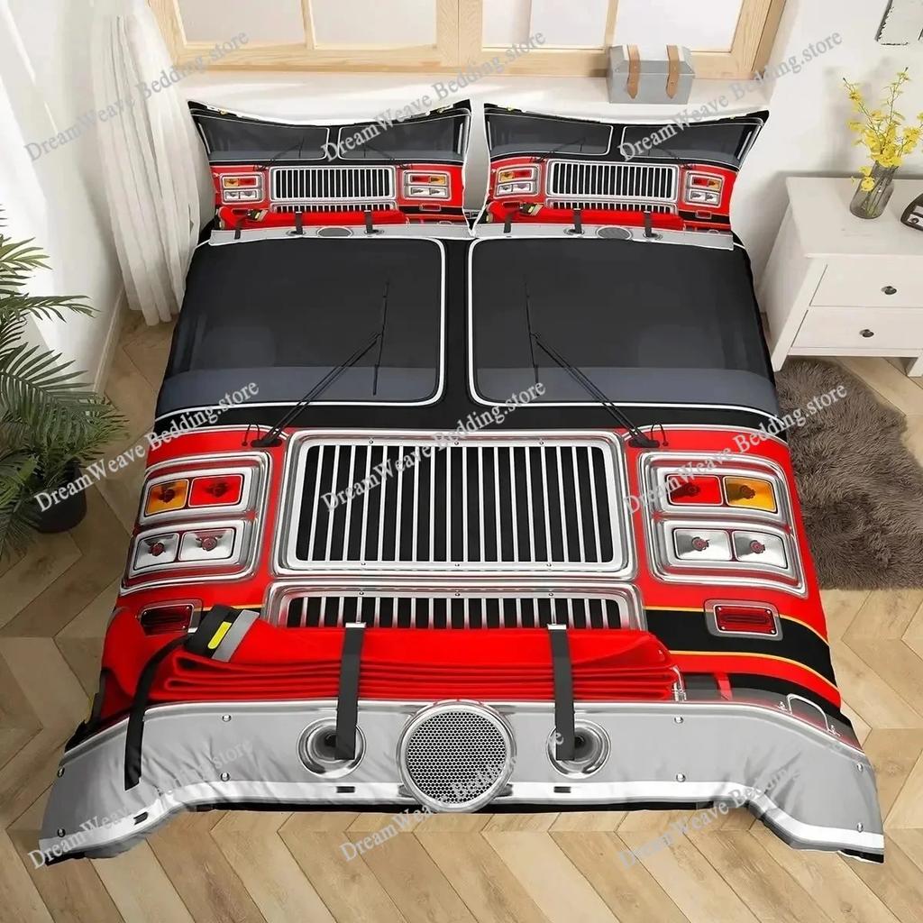 Firefighter Car Duvet Cover Set,Fire Truck Bedding Set King, Honeycomb and Fire Comforter Cover Fire Engine Vehicle Quilt Cover