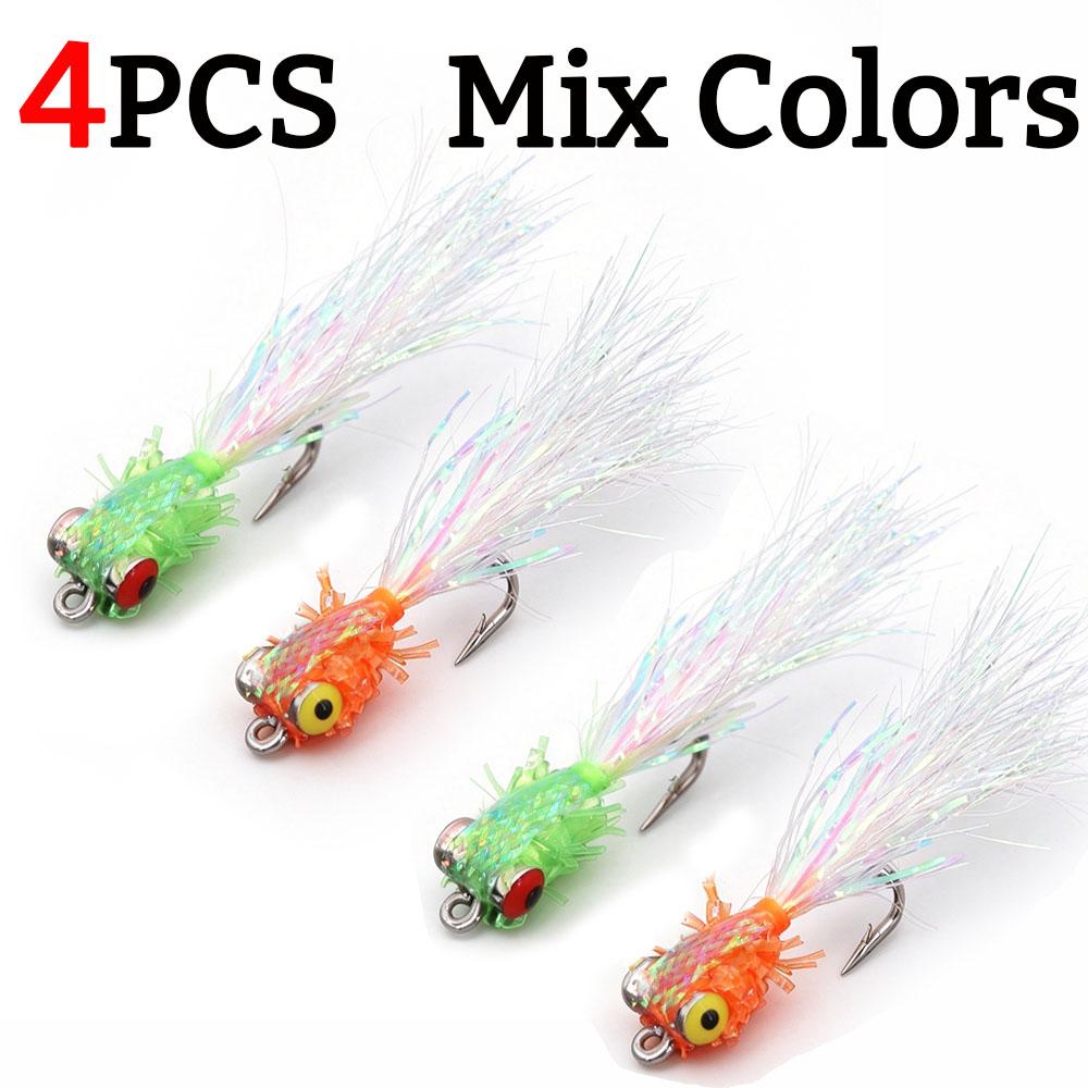 4PCS Dumbbell Eyes Clouser Minnow Fly Lures Weighted Sinking Streamer Flies with Glitter Flash Tail for Freshwater Bass Trout Predator Fish