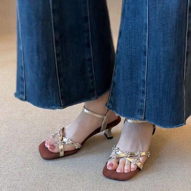 French rhinestone flower comfortable and versatile foreign style word with square head sandals femininity versatile skirt high heels summer