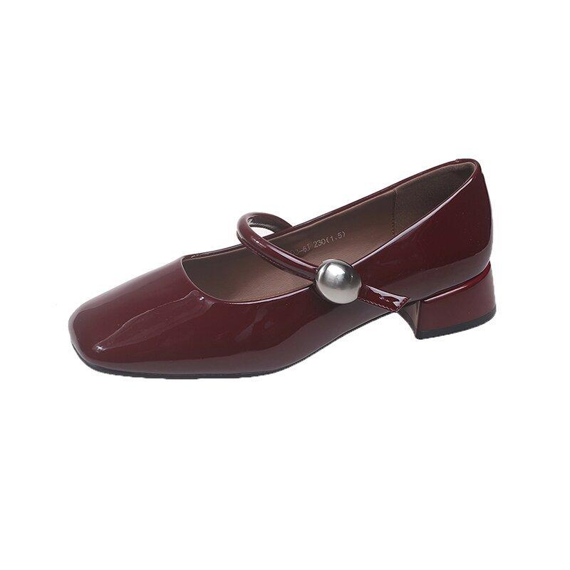 French patent leather Mary Jane single shoes women's 2025 spring new versatile thick heel square head one-word buckle temperament high heels