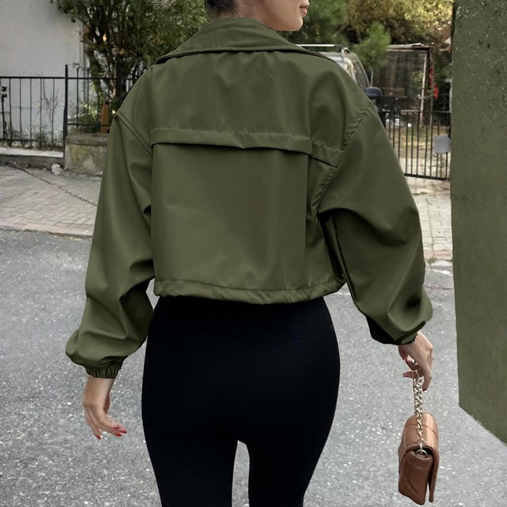 Women's Fashionable Color Long Sleeved Pocket Short Jacket With Zipper Windbreaker Jacket