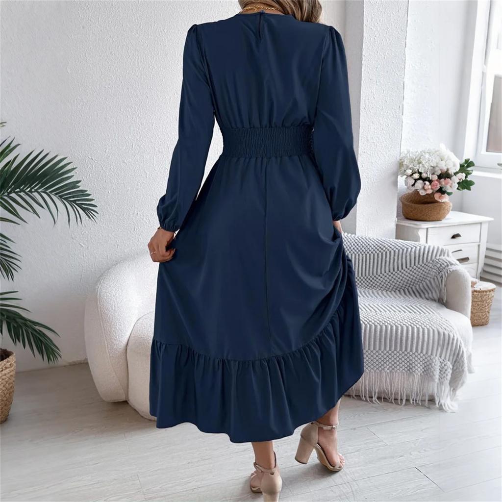 Damska Moda Retro Jednolity Kolor Długi Rękaw Talia Spódnica A-Line Okrągły Dekolt Sukienka Pulowerowa