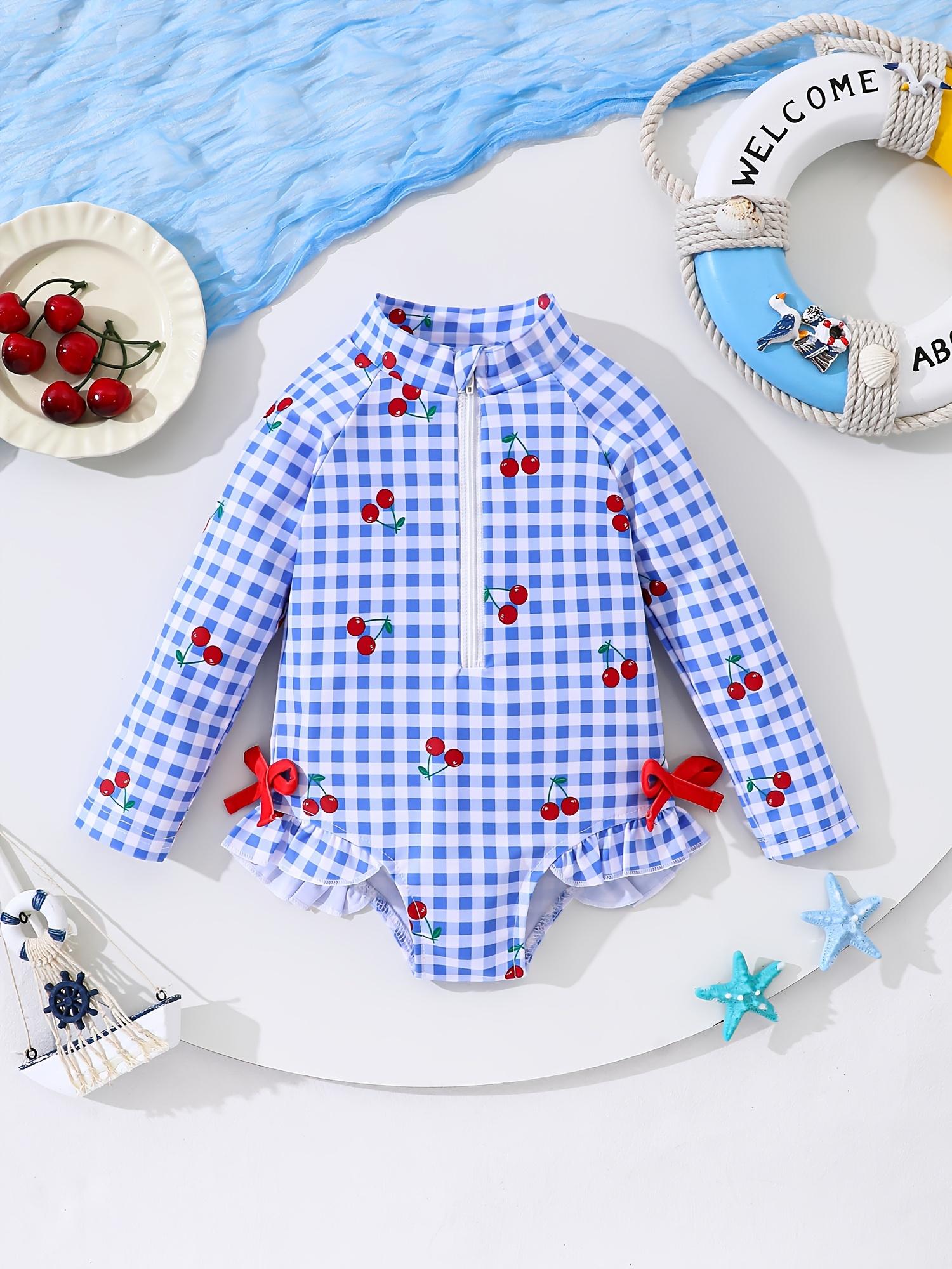 Baby Girls Long Sleeve One Piece Swimsuit Cherry Print Plaid Bow Lace Trim Fashion Swimwear Infant 6-9M синий