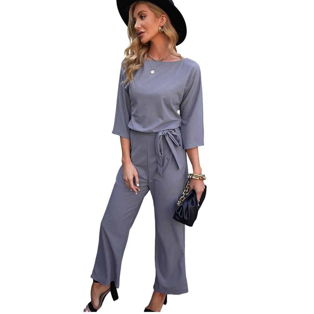 

YYFS Женская мода Повседневная Летняя Весна Однотонный Принт Рукава 3/4 О-образный вырез Высокая Талия Брюки Комбинезоны и Ромперы M