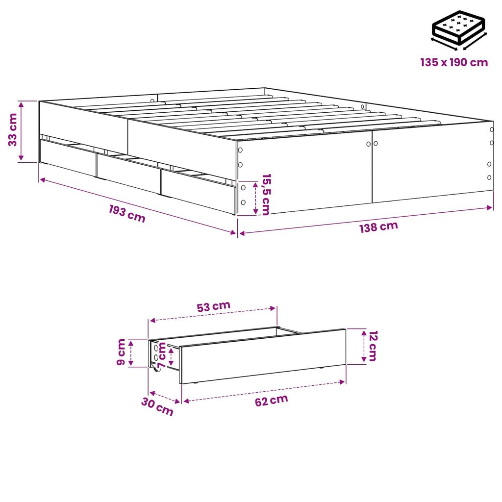 Bed Frame with Storage Artisan Oak 135 x 190 cm