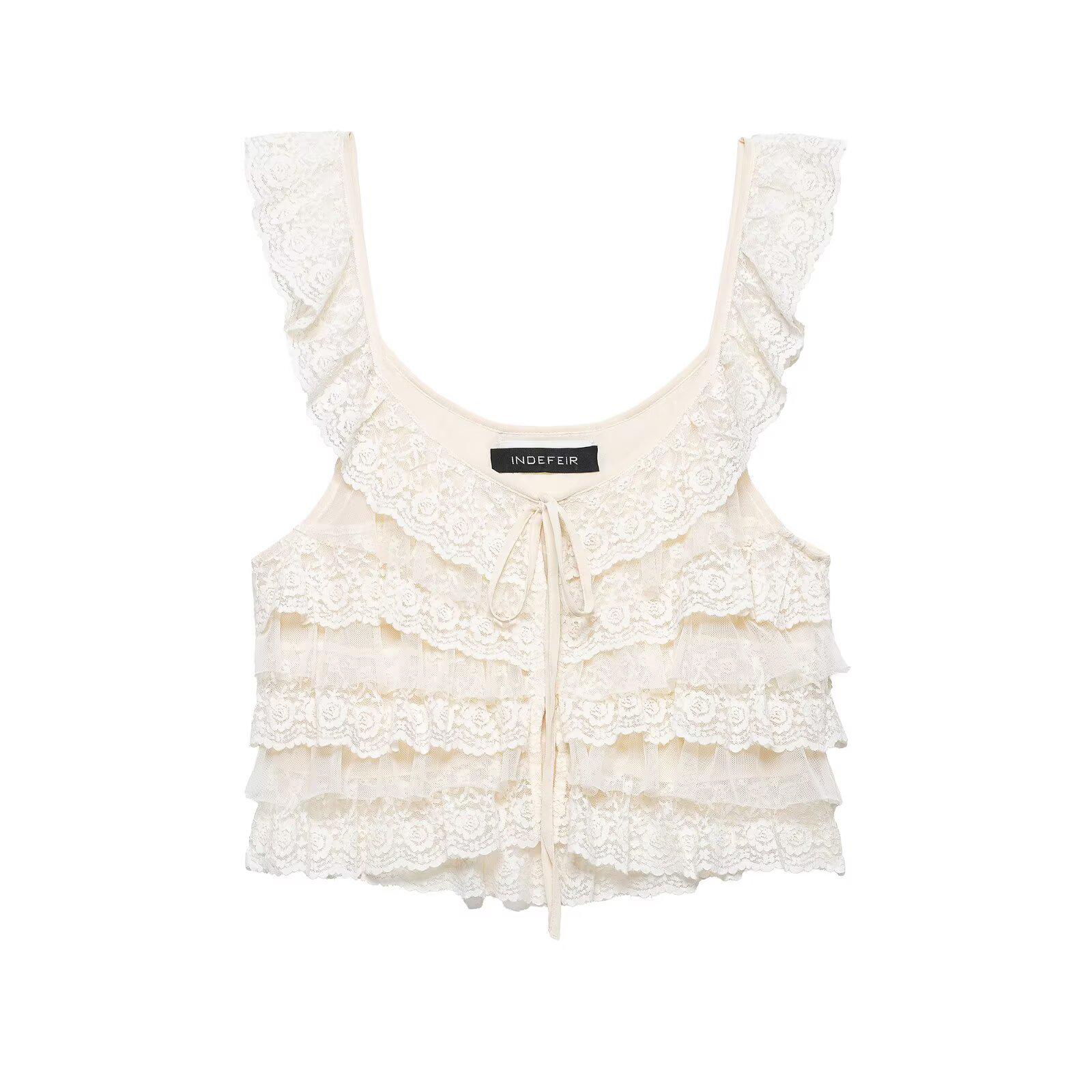 European American Style Women s French Lace Layered Fashion Top Large абрикосовый