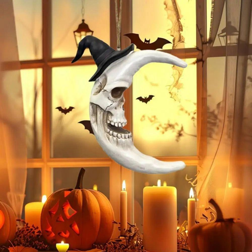 Waterproof Spooky Halloween Skull with Hat Skull Moon Hanging Decoration  Escape Room