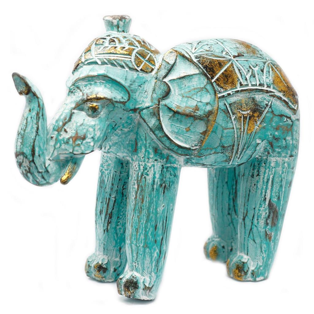 Hand Carved Wooden Elephant Statue, Turquoise Gold