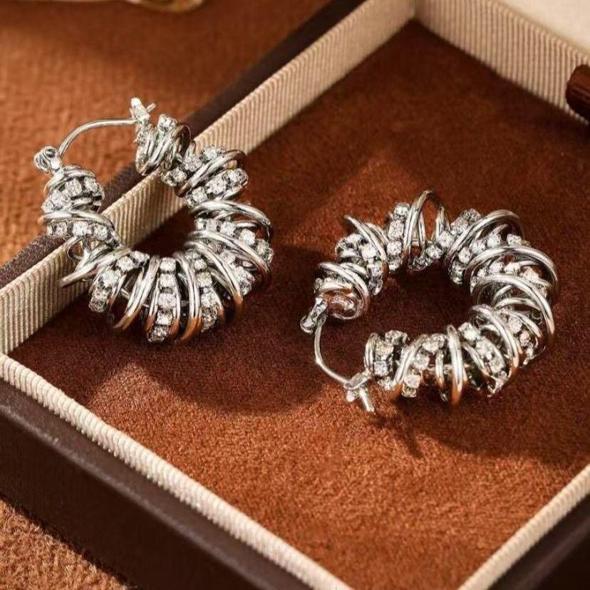 European and American Diamond Studded Spiral Wound Earrings with Spring Loops, Trendy Ear Buckles, Light Luxury and Cool Style E