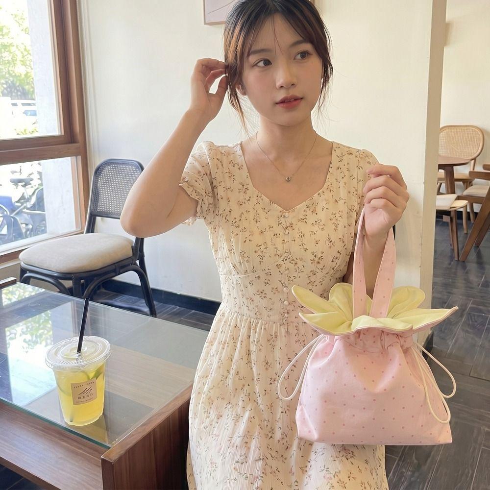 Bundle Pocket Flower Drawstring Crossbody Bag Korean Style Plaid Sparkly Star Flower Bag Cute Portable Canvas Shoulder Bag Women