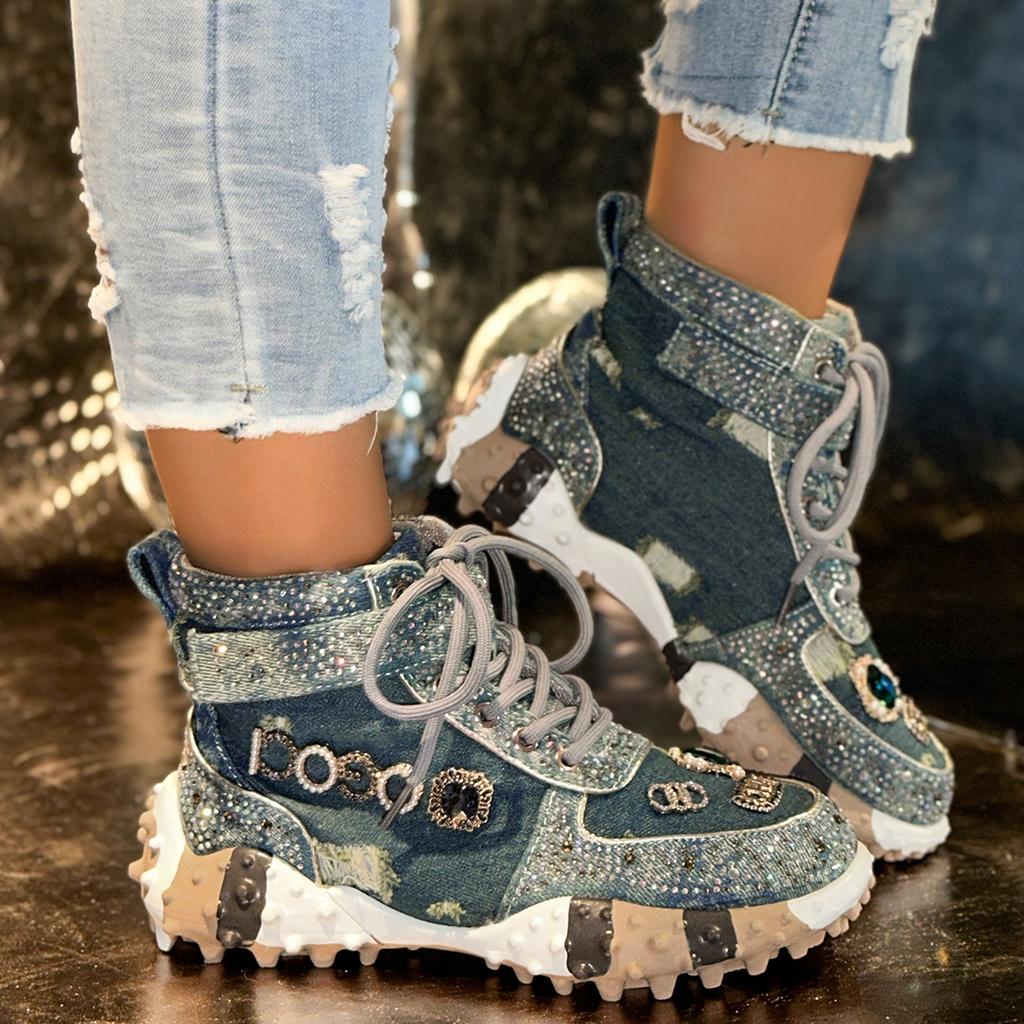 Fashion Luxury High-top Women's Sneakers Fashion Luxury Rhinestone Ladies Shoes 2025 New Outdoor Platform Female Sports Shoes Vulcanize