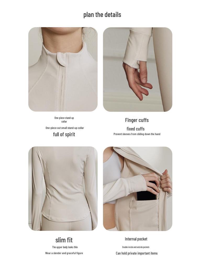 Women's Slim-Fit Stand-Up Collar Yoga Jacket - Long Sleeve, High-Elastic, Zipper Cardigan for Outdoor and Fitness Activities