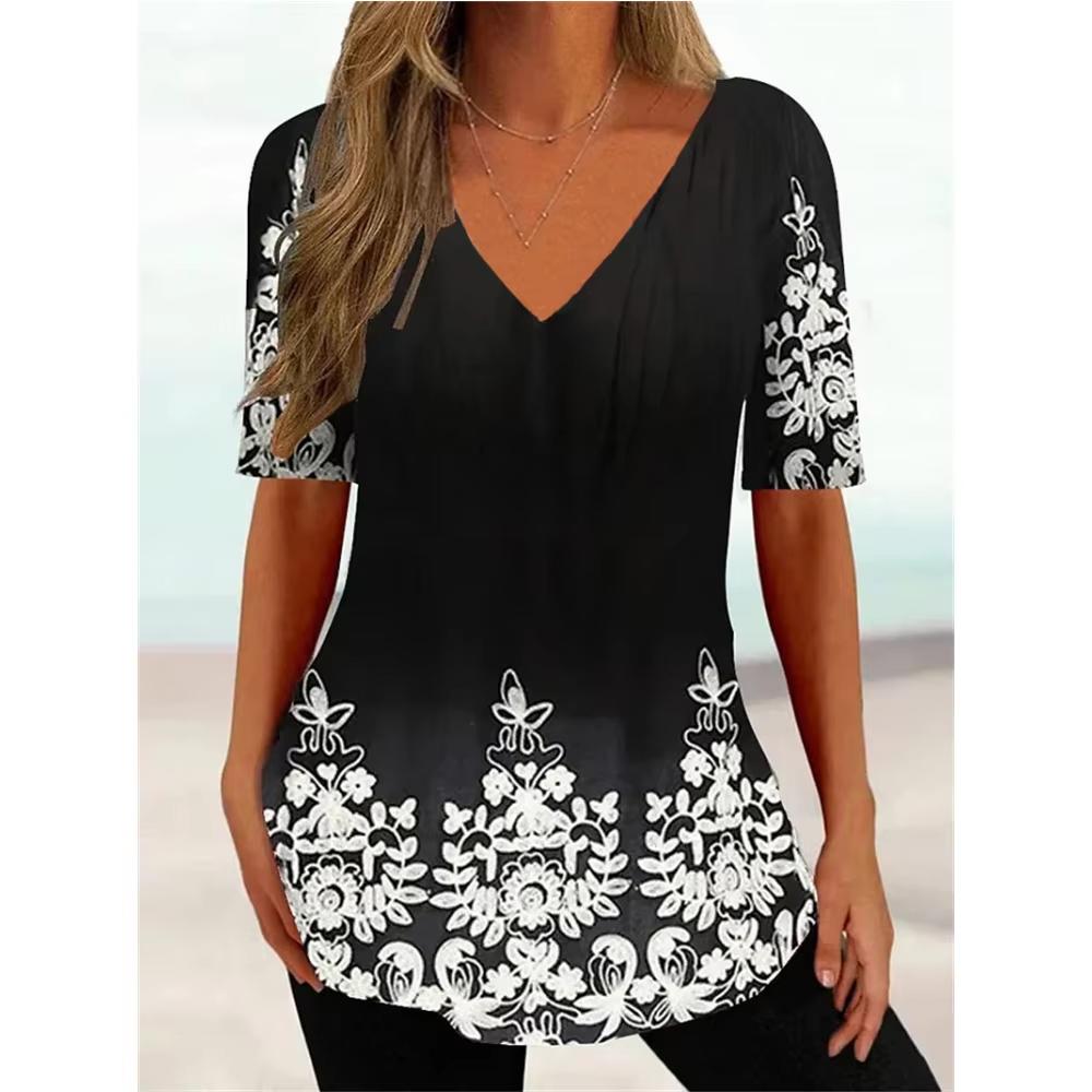 2025 New Women's Vintage Stripe Floral 3d Print T-shirt Women Fashion Casual V-Neck Short Sleeve Tops Tees Womens Clothes Large