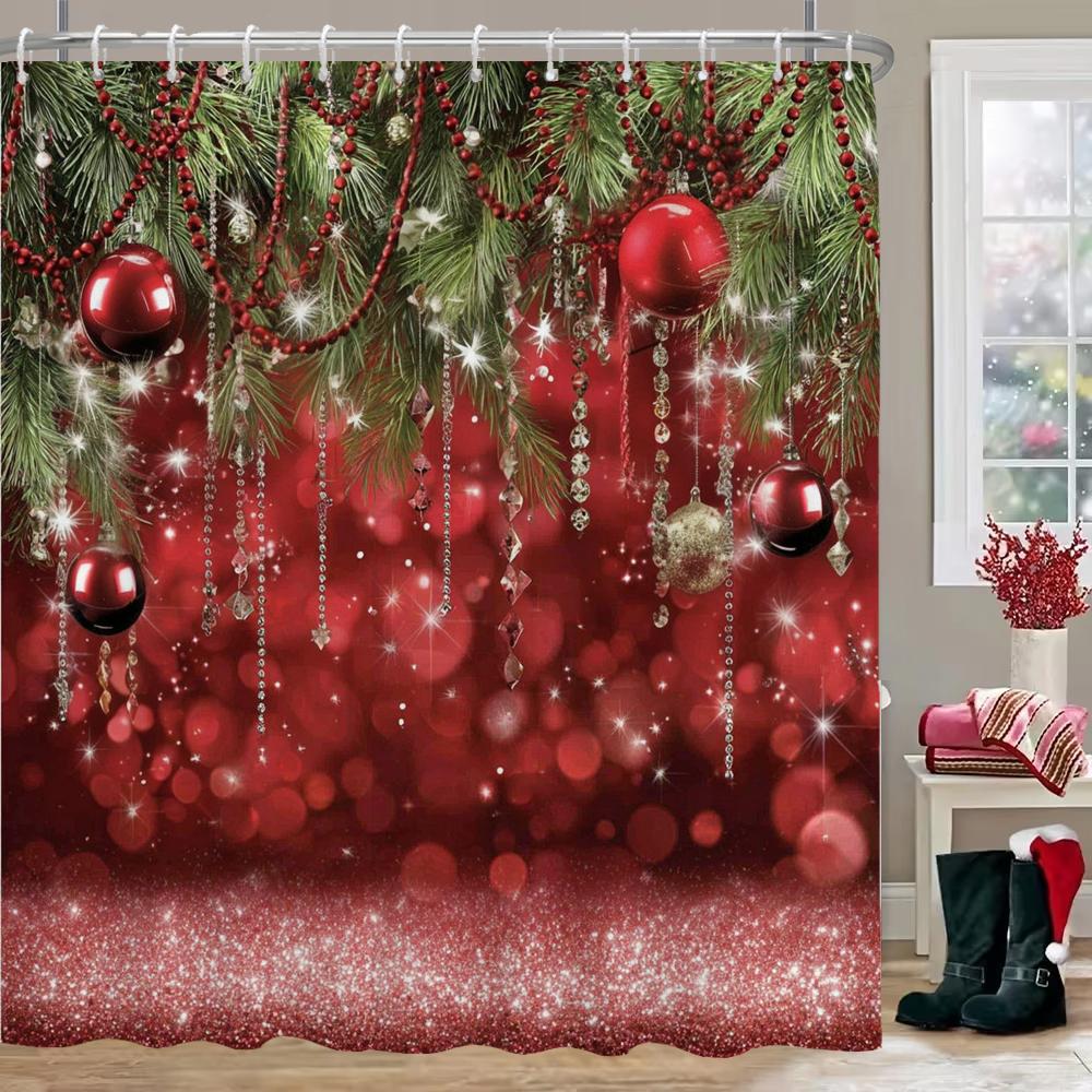 Christmas Shower Curtain, Red Christmas Snowflake Bell Bathroom Curtain Decoration Set With Hook Fabric Christmas Gift