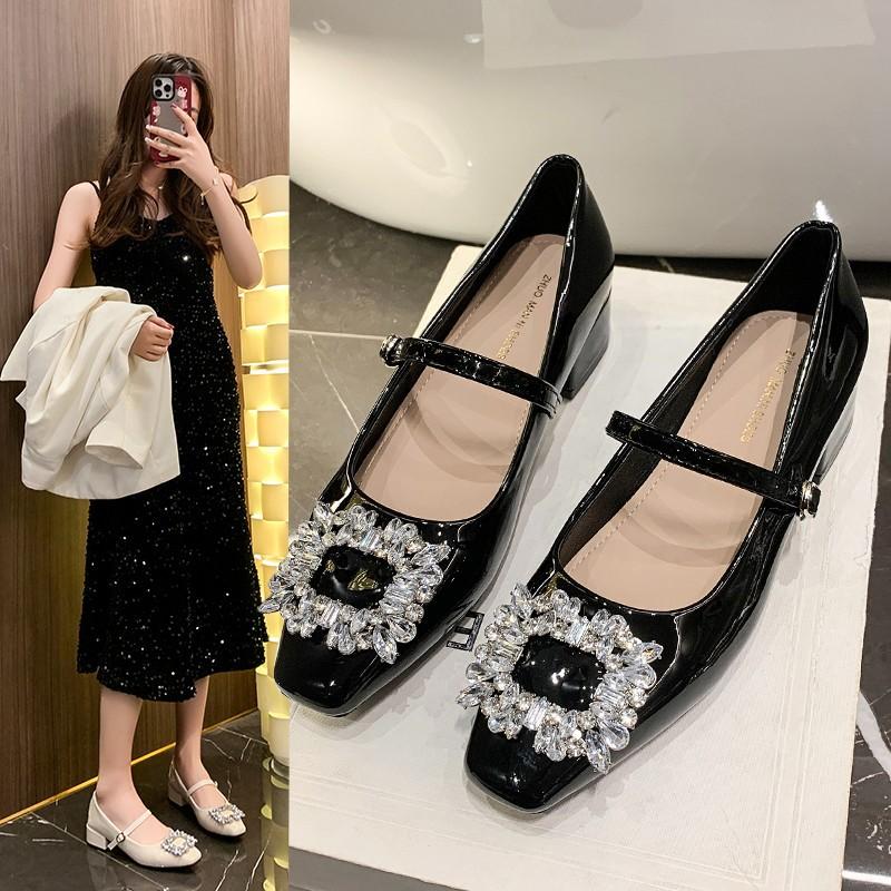 Mary Jane shoes thick heel high heels spring with skirt fairy shoes fashionable silver rhinestone single shoes