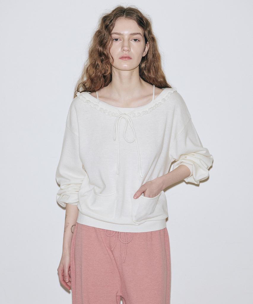SINOON Ruffle Lace-Up Boatneck Knit (Ivory)
