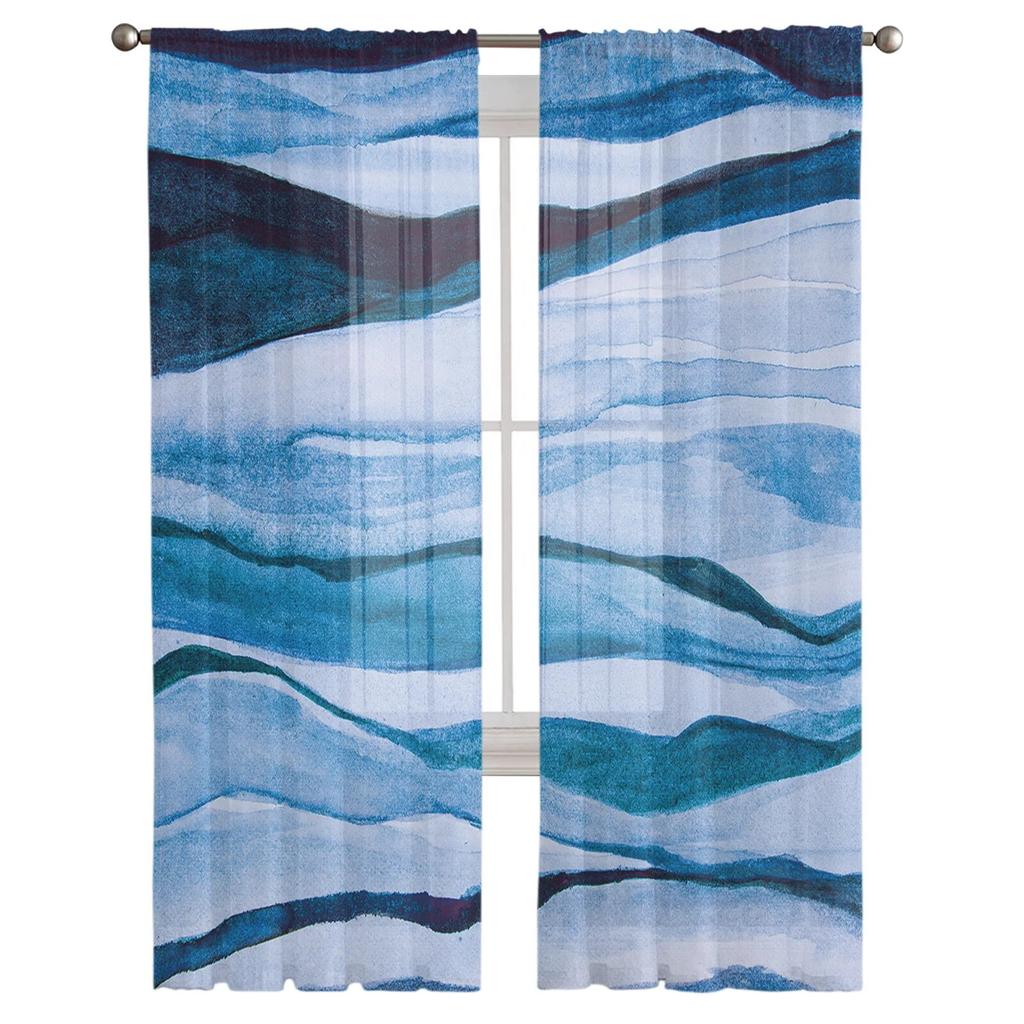 Abstrakte Blaue Aquarellfarbe Transparente Vorhänge für Wohnzimmer Schlafzimmer Heimdekoration Küche Tüll für Fenster Voile-Drapierungen