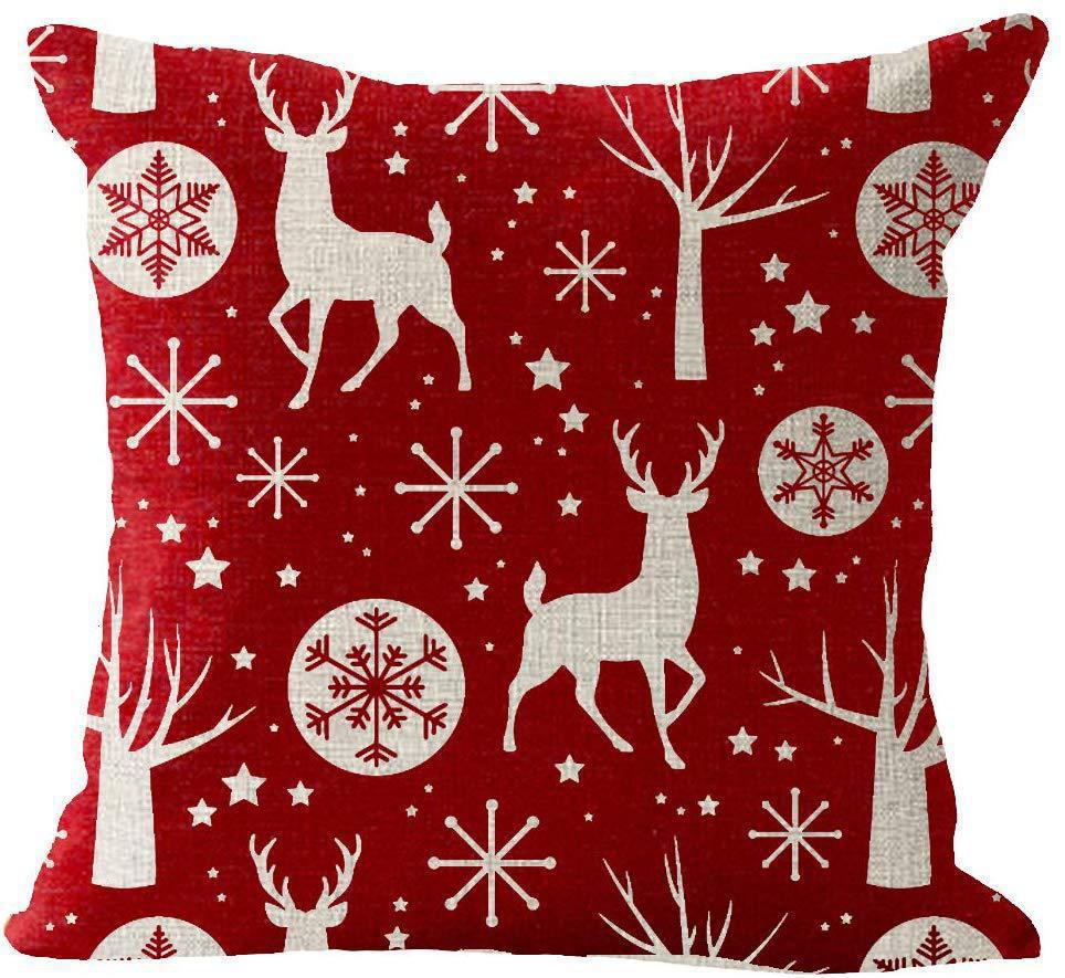 Red Plaid Sofa Linen Christmas Pillow Cover Reindeer Snowflake Home Cushion Cover