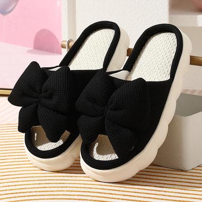 Breathable Linen Summer Slippers with Bowknots for Women, Non-Slip & Thick Soled for Daily Indoor Wear