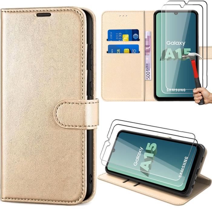 Case for Samsung Galaxy A15 4G-5G - Shockproof Protection In Golden PU Leather with Card Slots + 2 Tempered Glasses