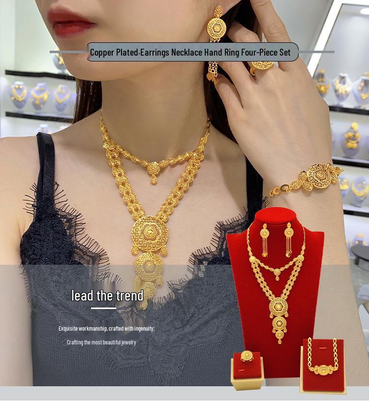 Dubai 24K Gold Jewelry Set: Wedding Necklace, Bracelet, Earrings, Ring - Arab Bride Collection