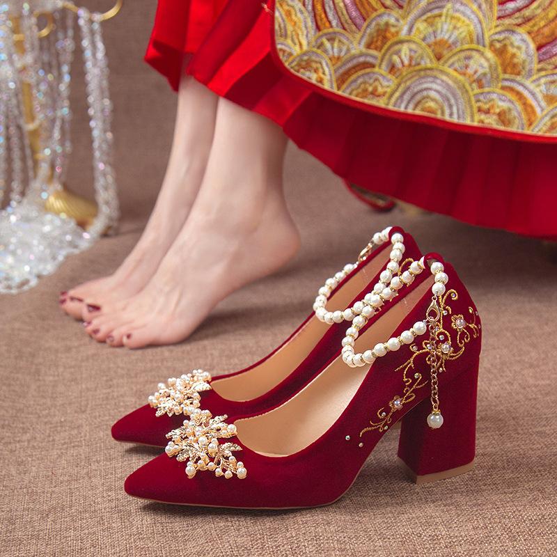 Women High Heel Shoes Elegant Fashion Thick Soled High Heels Women Retro Shallow Mouth Banquet Party Wedding Shoes Zapatos Mujer