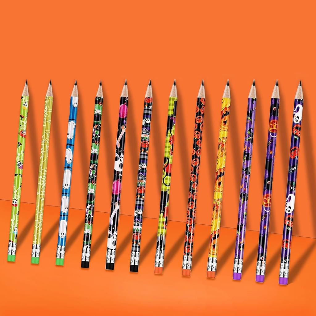 48 Halloween Pencils Bulk with Erasers for Kids, Cute Wood Pencils with Colorful Halloween Themed Design for Kid Trick o2r Treat Gift Prize, Party