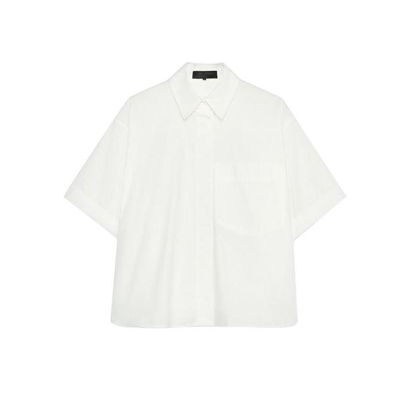 Spring and Summer New Women clothes Pleated Decorative Pocket Decoration Poplin Cotton Short sleeve Shirts Top 4764025