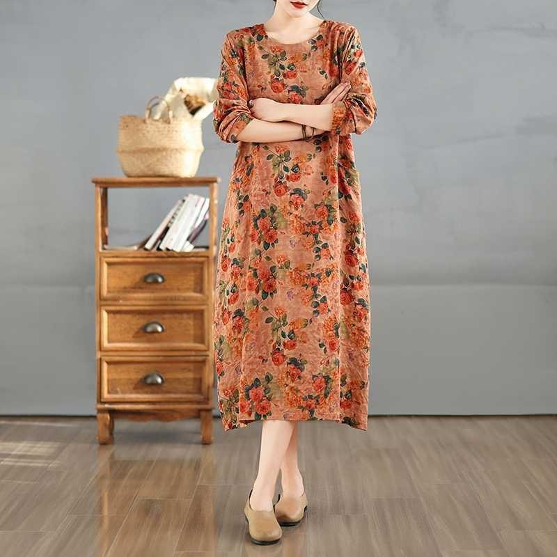 2025 Vintage Printed Round Neck Long Sleeve Patchwork Loose Plus Size Long Dresses