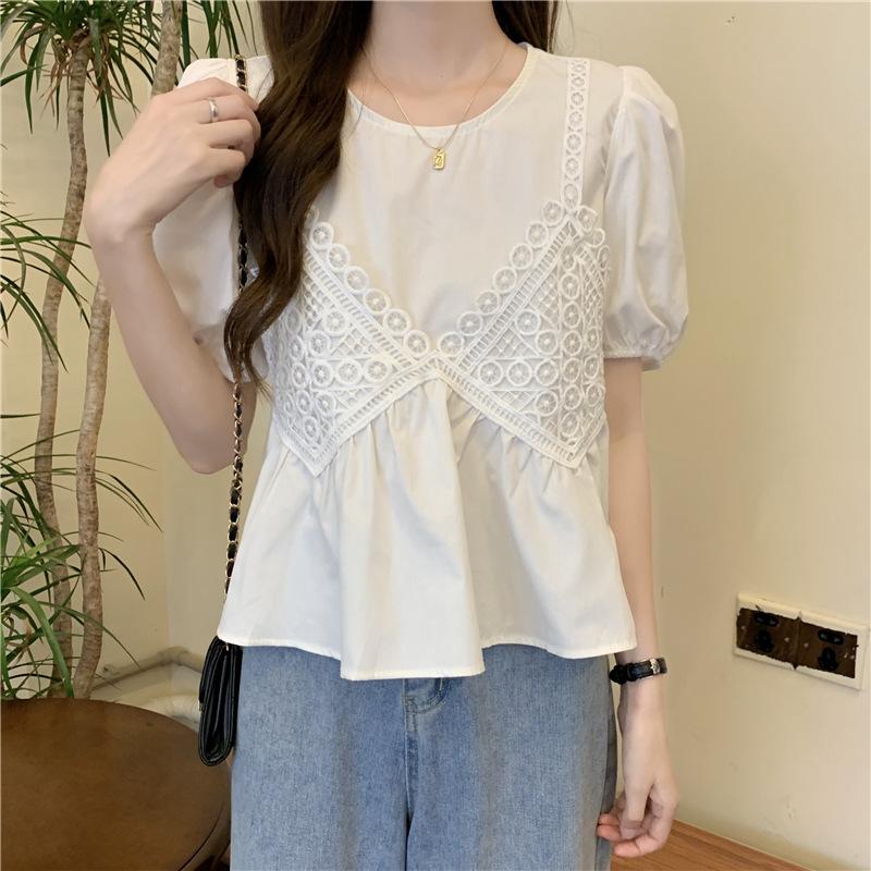 Summer Women Elegant Patchwork Chiffon Crop T-shirt Loose Folds Casual Tee