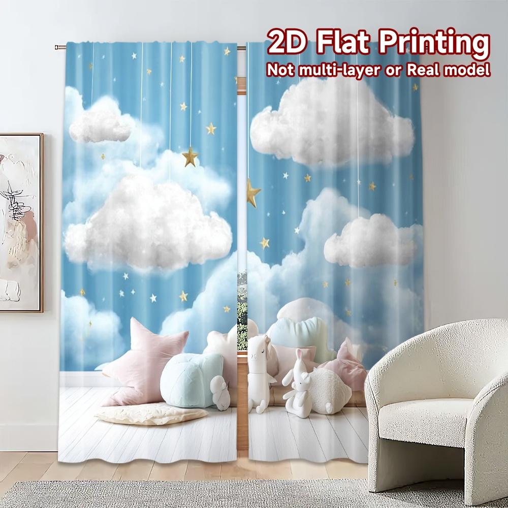 2pcs, 2D FLAT PRINTING Curtains (Without Rod) Cloudy Dreamscape Chic Light Filtering Curtains Polyester Easy Install Curtains