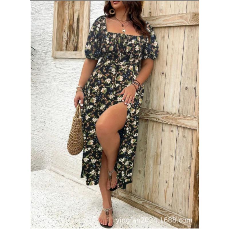 New large size women's clothing large size temperament thin split flower dress summer