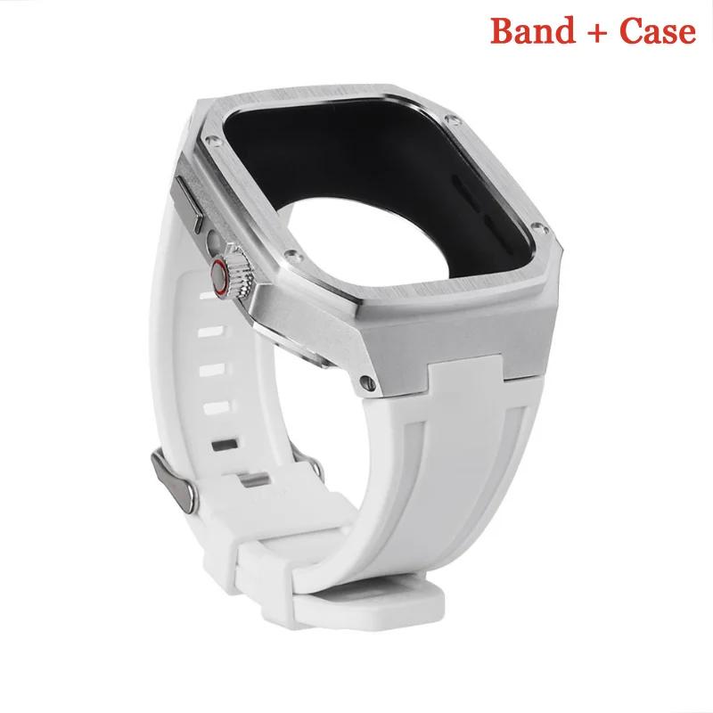 Luxury Modification Kit For Apple Watch 8 7 44mm 45mm 40mm 41mm Stainless Steel Case Rubber Sports Strap For IWatch Series 6 5 4