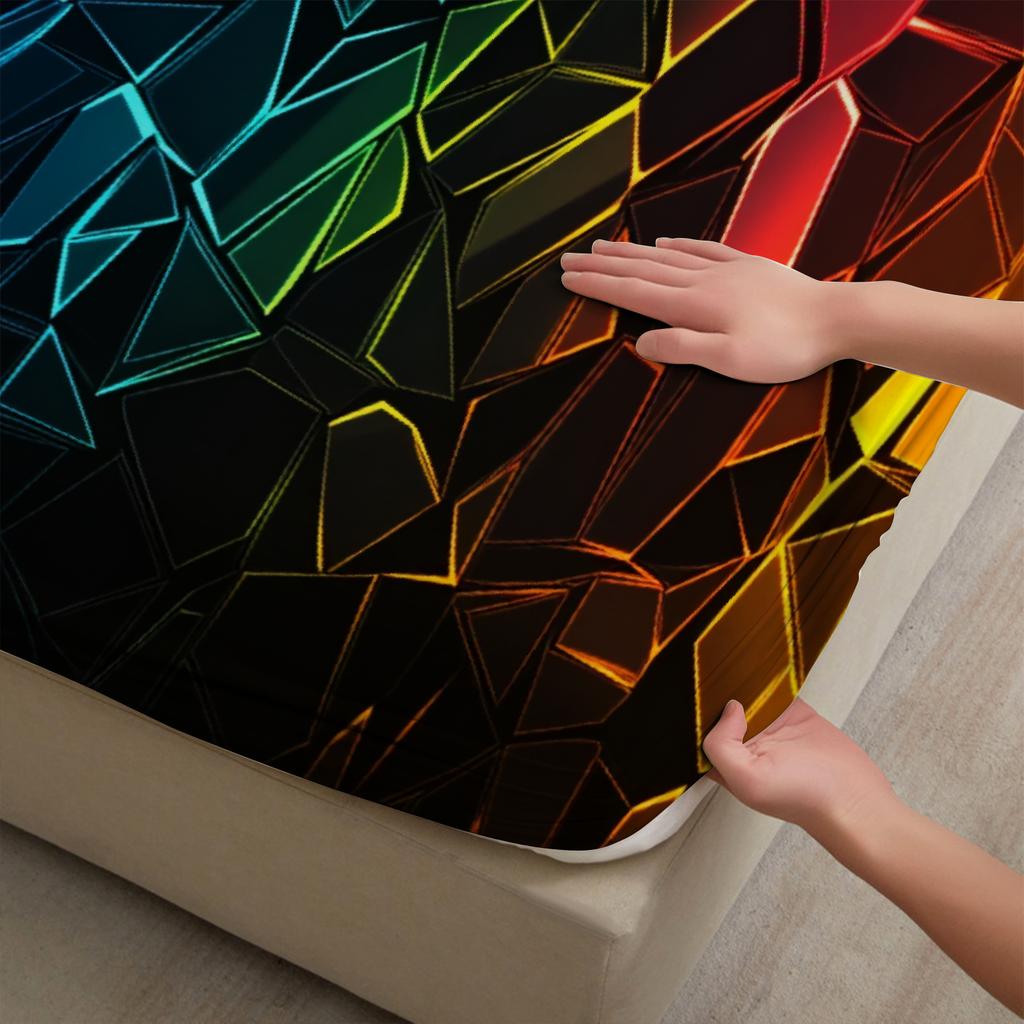 3pcs Geometric Crystal Flat Sheet 3D Printed Rainbow Pattern Fitted Shee Sets With Pillowcases No Filling Cool Visual For Teen