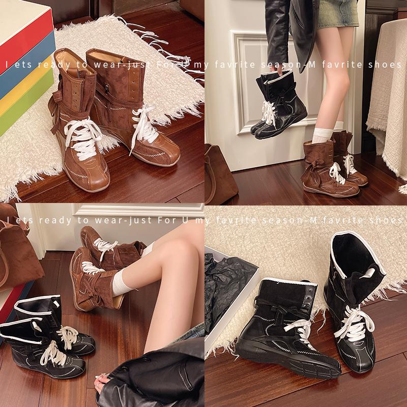 Fashion 2025 New Casual Retro Versatile Boxing Boots Nubuck Leather Round Toe Color Matching Lace-Up Mid-Tube Training Boots For Women